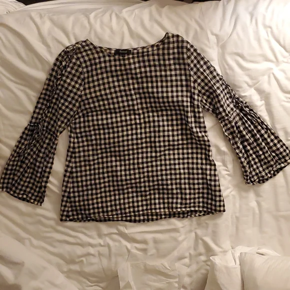 Madewell Gingham Lace-Up Black & White Plaid Bell Sleeve Top - Picture 7 of 9